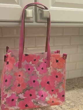 Beautiful Dooney And Bourke Pink Floral Clear Shopper with Leather Handles